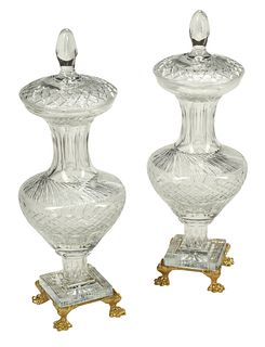 (2) LARGE CUT GLASS VASES & COVERS ON ORMOLU STANDS