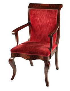 DUTCH MARQUETRY INLAID & UPHOLSTERED OPEN ARMCHAIR