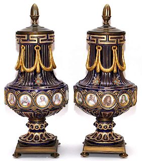 SEVRES PORCELAIN COVERED URNS 19TH CENTURY PAIR