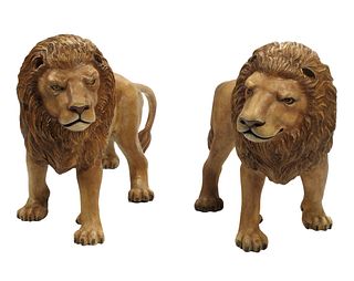 NEAR LIFE-SIZE COLD PAINTED BRONZE SCULPTURES OF LIONS