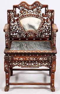 CHINESE CARVED WOOD MARBLE & MOTHER OF PEARL CHAIR