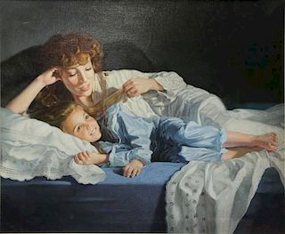 Signed 20th Century Oil on Canvas of Mother and