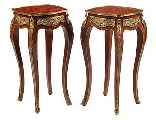 (2) LOUIS XV STYLE ORMOLU-MOUNTED FLORAL MARQUETRY SIDE TABLES