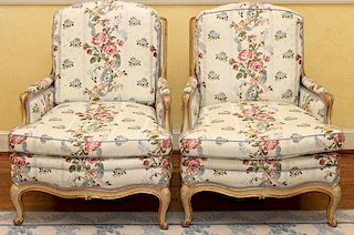 FRENCH STYLE UPHOLSTERED BERGERES PAIR