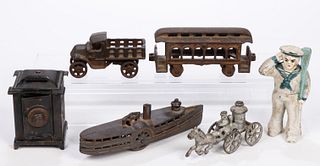 ASSORTED CAST-IRON BANKS AND TOYS, LOT OF SIX