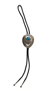 NAVAJO TURQUOISE STERLING SILVER BEAR PAW BOLO TIE BY WILBER MUSKET
