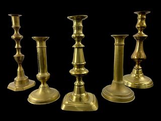 A Grouping of 5 Antique Brass Candlesticks