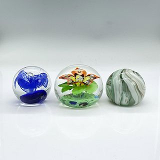 3pc Glass Orb Paperweights, Flowers and Swirl