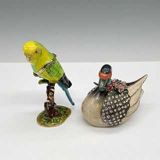 2pc Enameled Keepsake Trinket Box, Parakeet + Swan