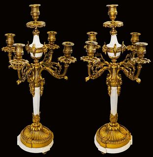 Pair Of 19th C. French Bronzed Marble Candelabras
