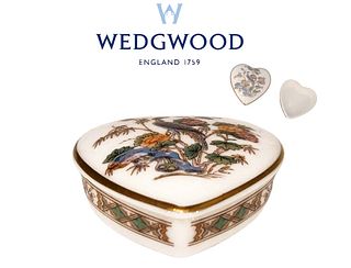 Wedgwood Miniture Heart Shaped Hand Painted Of Flowers & Peacock Trinket Box