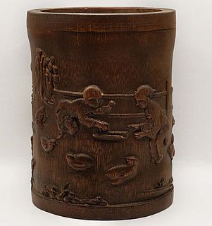 Antique Chinese Figural And Nature Bamboo Brush Pot Holder