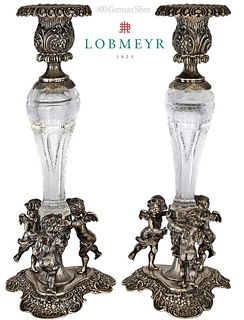 Pair Of Lobmeyr Glass 800 German Silver Figural Candlesticks