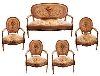 19th C. Set Of Five French Aubusson Tapestry And Giltwood Chairs