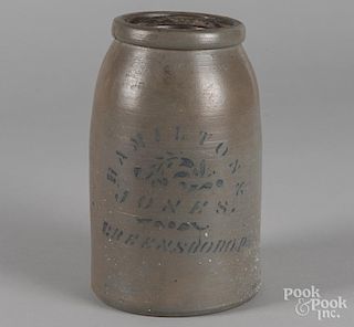 Western Pennsylvania stoneware crock, 19th c., with cobalt stenciled inscription Hamilton & Jones G