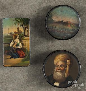 Three painted lacquer boxes, 19th c., largest - 2'' h., 3 3/4'' w.