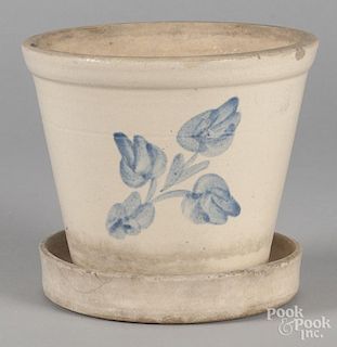 Stoneware flowerpot, ca. 1900, attributed to Haig, with cobalt floral decoration, 6 3/4'' h.