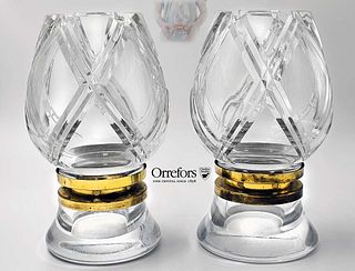 Pair Of Orrefors Crystal Cut Candle Lanterns