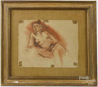 Moses Soyer (American 1899-1974), charcoal and wash nude, signed lower middle, 12 1/4'' x 15 3/4''.