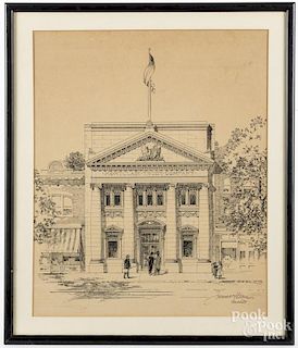 Ink architectural drawing of the Montclair Trust Company, signed J. Warner Allen, 22'' x 18''.
