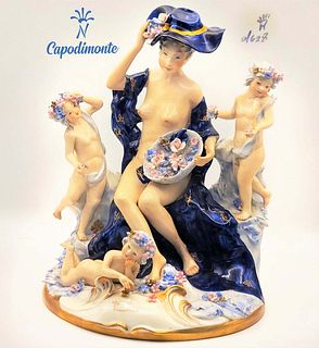 Very Rare Italian Capodimonte Hand Painted Bisque Porcelain Figurine Group, signed