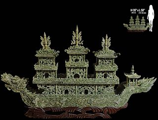 Very Large Chinese Carved Jade Dragon Boat With Carved Wooden Stand