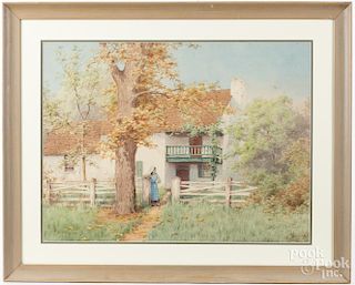 Edwin Lamasure Jr. (American 1867-1916), watercolor farmhouse with a young woman, signed lower right