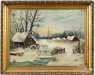 Oil on canvas primitive winter landscape, late 19th c., 18 1/2'' x 24 1/2''.