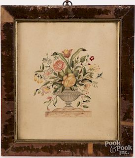 American watercolor of an urn of flowers, 19th c., the artist identified on label verso as Caroline