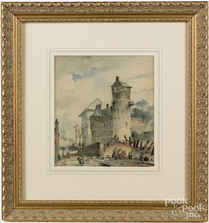 Jan Michael Ruyten (Belgian 1813-1881), watercolor town scene, signed lower left and dated 1841, 1
