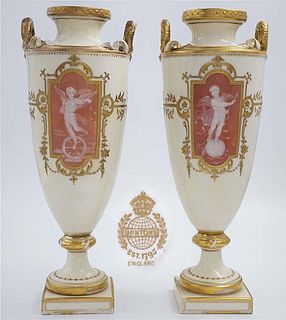 Pair of 19th C. Pate Sur Pate Mintons Porcelain Angel Vases / Urns Decorated By Alboin Briks