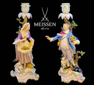 19th C. Pair Of Meissen Porcelain Figural Candlesticks