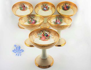 Set Of Six Hand Painted 19th C. Dresden Lamb Porcelain Ice Cream Dessert Cup