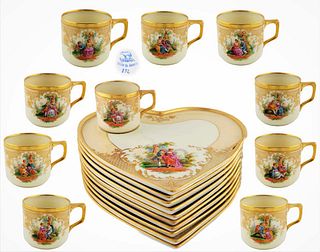 Set Of Ten Cup And Heart Shaped Tray Dresden Lamb Porcelain Hand Painted Set