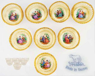 Set Of Eight 19th C. Dresden Lamb Porcelain Hand Painted Trinket Basket