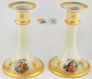 Pair Of 19th C. Dresden Lamb Porcelain Hand Painted Candlesticks