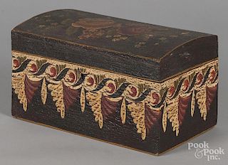 Painted pine dome lid box, 19th c., retaining a later decorated surface, 5 3/4'' h., 10 1/2'' w.