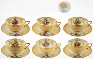 Set Of Six Hand Painted 19th C. Dresden Lamb Porcelain Cup And Saucer Set