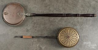 Copper bedwarmer, 20th c., together with a roaster, 40'' l. and 24'' l.