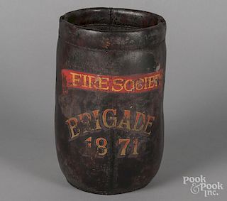 Painted leather fire bucket, 19th c., inscribed Fire Society Brigade 1871, 11 3/4'' h.