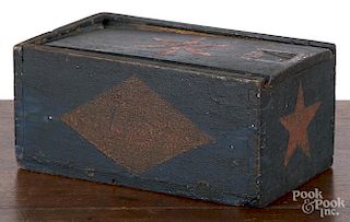 Painted slide lid box, 19th c., in later blue paint, 3 3/4'' h., 8'' w.