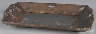 Painted pine tray, 20th c., with heart cutouts, 14 3/4'' l., 23 1/4'' w.