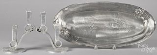 Art Nouveau tin fish platter, 11'' l., 24 1/4'' w., together with a pair of Everlast Metal candlestick