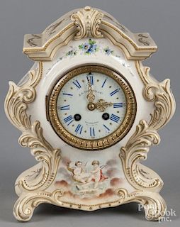 French porcelain mantel clock, retailed by J.E. Caldwell & Co., 11 1/2'' h.