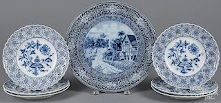 Six Meissen reticulated porcelain plates, 8 3/4'' dia., together with a Blau Holland charger 12 3/4''