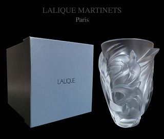 Authentic Lalique Martinets Swallow Large Clear Frosted Signed Vase 9.5" Tall (With Box)