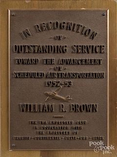 Presentation plaque from the TWA Employees Club, 16'' x 12''.