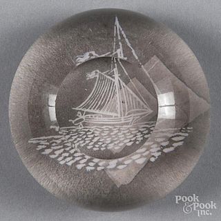 White frit paperweight, with a sloop, the top facet with a frosted base, 3 1/8'' dia.