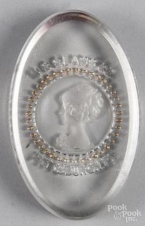 U. S. Glass advertising paperweight, Pittsburgh, PA, with a central frosted intaglio bust of a wom