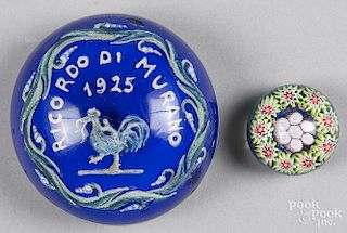 Ricordo di Murano enameled paperweight, with a rooster, dated 1925, on a blue opaque ground, 3 3